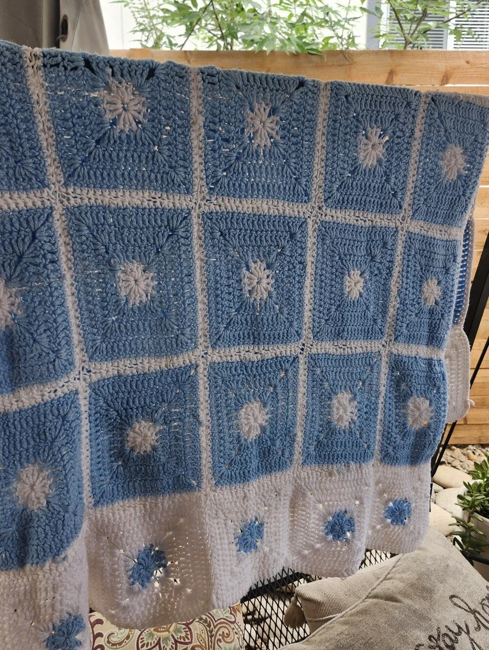 Handmade Crochet Granny Square Throw - Blue & Cream